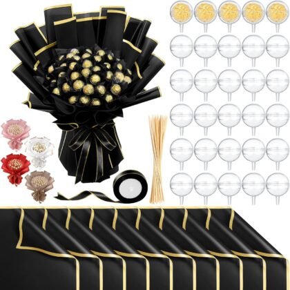 71 Pcs DIY Chocolate Flower Bouquet Kit Graduation 2025 Candy Rose Clear Acrylic Lollipop Ball Holder Mother's Day Flower Wrapping Paper Ribbon Accessories Birthday Gift(Black and Gold)