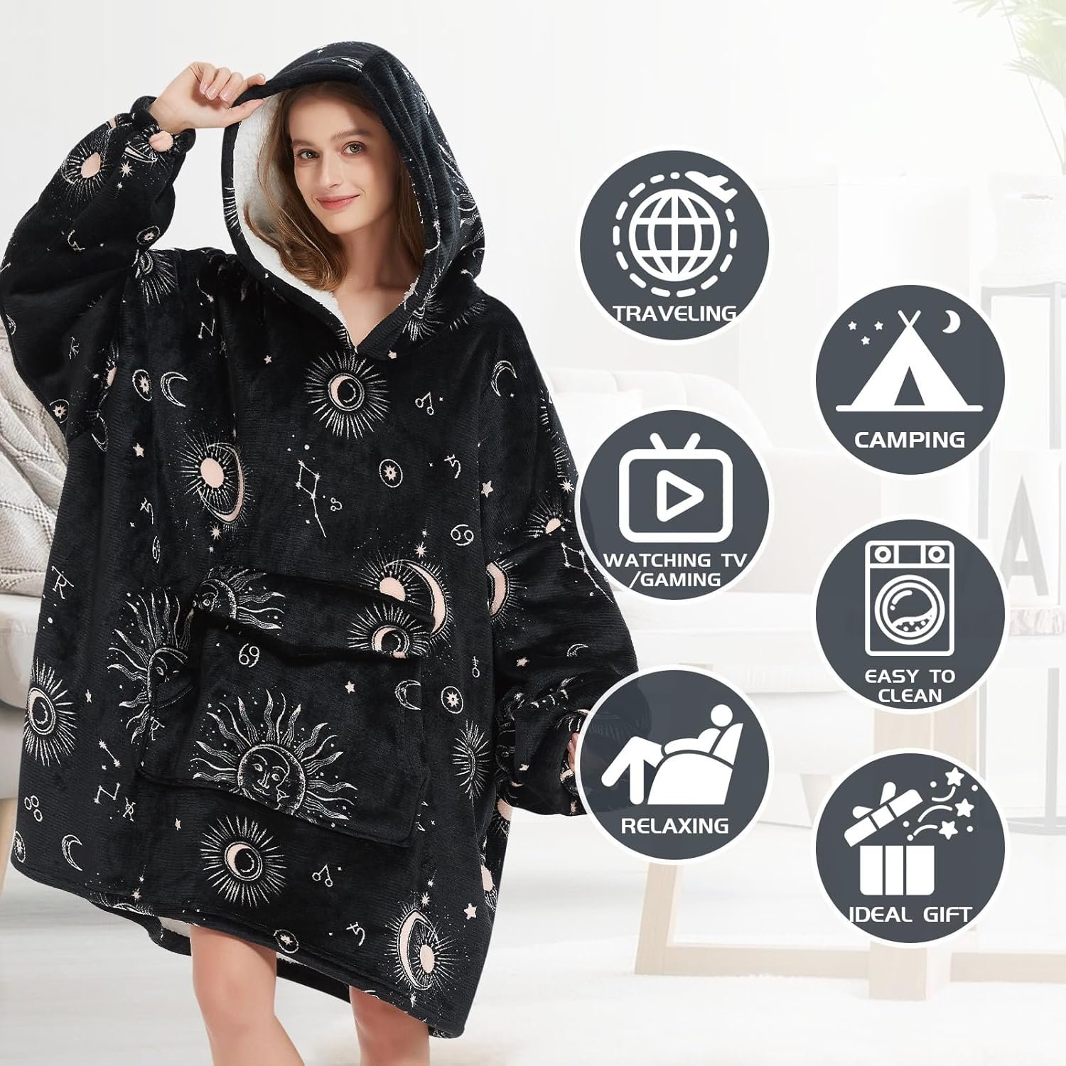 Wearable Blanket Hoodie for Adult,Oversized Sherpa Fleece Blanket Hoodie for Women Men,Sun and Moon - Image 4
