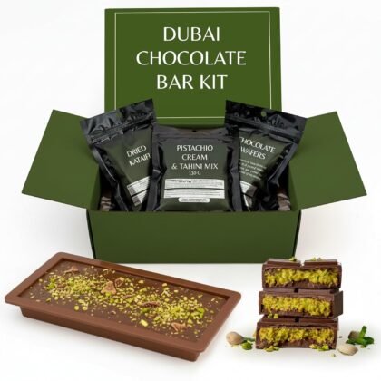 Dubai Chocolate Bar Kit Master Make at Home Set with Pistachio Cream, Tahini Mix, Dried Kataifi, Milk Choco Melting Wafers, Jumbo Bar Mold & Step-by-Step Guide – Unique Premium Gift for Dessert Lovers