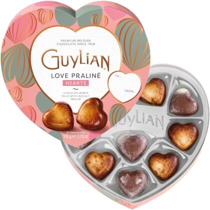 GuyLian Valentines Day Chocolate Hearts Gift Box, 3.7 oz, 10 pc Assorted Praliné Candies, Heart Shaped Belgian White, Milk & Dark Chocolate Valentines Candy Gifts for Her and Him