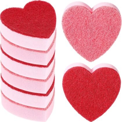 Breling 6 Pcs Heart Shaped Scrub Sponges Valentine Gifts Dual-Sided Kitchen Sponge Heart Kitchen Scrubber for Washing Dishes Pots Pans Household Bathroom Cleaning(Red Pink)