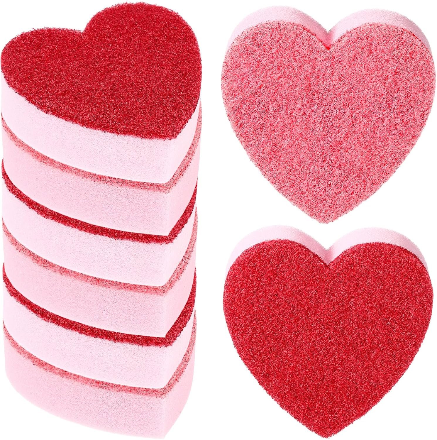 Breling 6 Pcs Heart Shaped Scrub Sponges Valentine Gifts Dual-Sided Kitchen Sponge Heart Kitchen Scrubber for Washing Dishes Pots Pans Household Bathroom Cleaning(Red Pink)