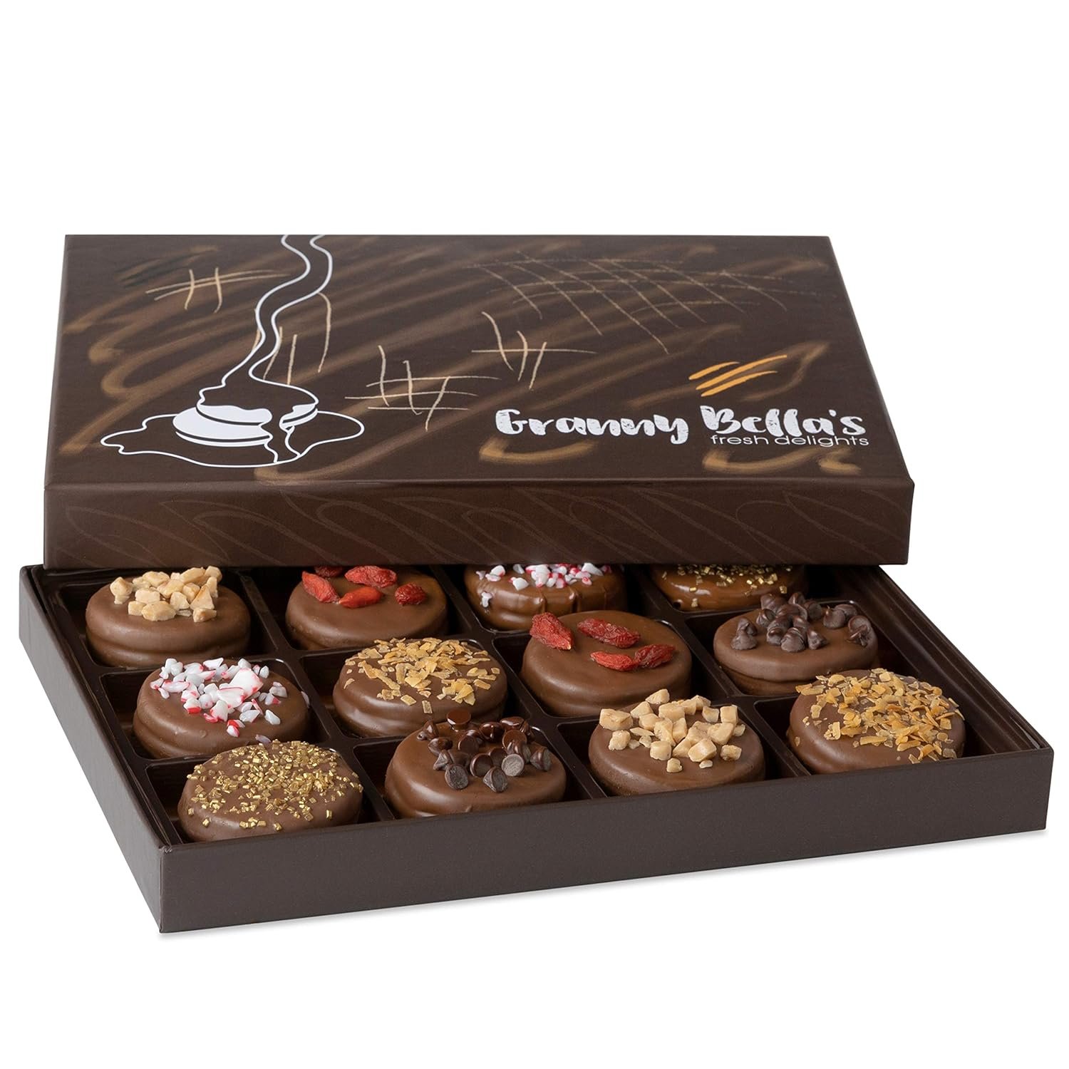 Granny Bellas Valentines Day 12 Chocolate Covered Cookies, Gift Basket for Him, Her Gourmet Candy Gifts Box for Food Delivery, for Girlfriend, Boyfriend, Husband, Wife, Men, Women, Mom, Family and Friends Holiday
