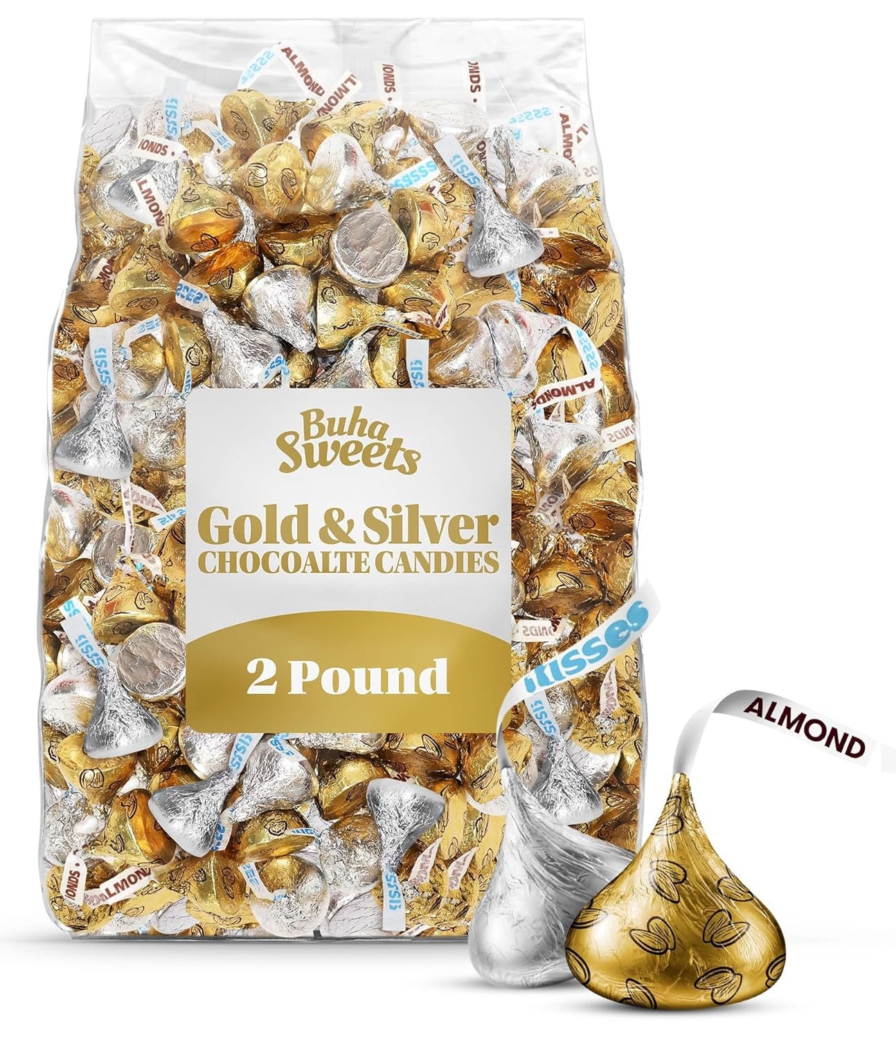 Bulk Chocolate 2 Pound Gold & Silver Foil Assorted Almond & Milk Chocolate Candy Mix - Approx. 200 Pieces Individually Wrapped for Parties, Buffets, and Gift Bags