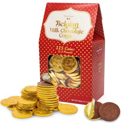 Belgian Milk Chocolate Gold Coins Bulk - 21.2oz Approx 115 Individually Wrapped Large Chocolate Coins Box For Hanukkah Gelt, Holdiay Party Favors, & Treats - OU-D Kosher