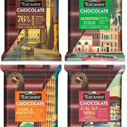 Tuscanini Dark Chocolate Variety Pack – 4 Flavors, 3.5oz Bars | Imported from Italy | Vegan, Gluten Free, Dairy Free | Dark & Smooth, Almond, Cacao Nibs, 76% Extra Dark | Gourmet European Chocolate