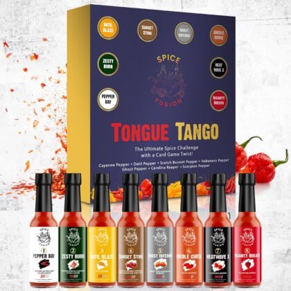 Tongue Tango Hot Sauce Pepper Challenge Kit – 8 Levels of heat with Carolina Reaper, Ghost, Habanero, Cayenne, Datil, Scotch Bonnet & Scorpion Peppers – Ultimate game night, party game and unique gift