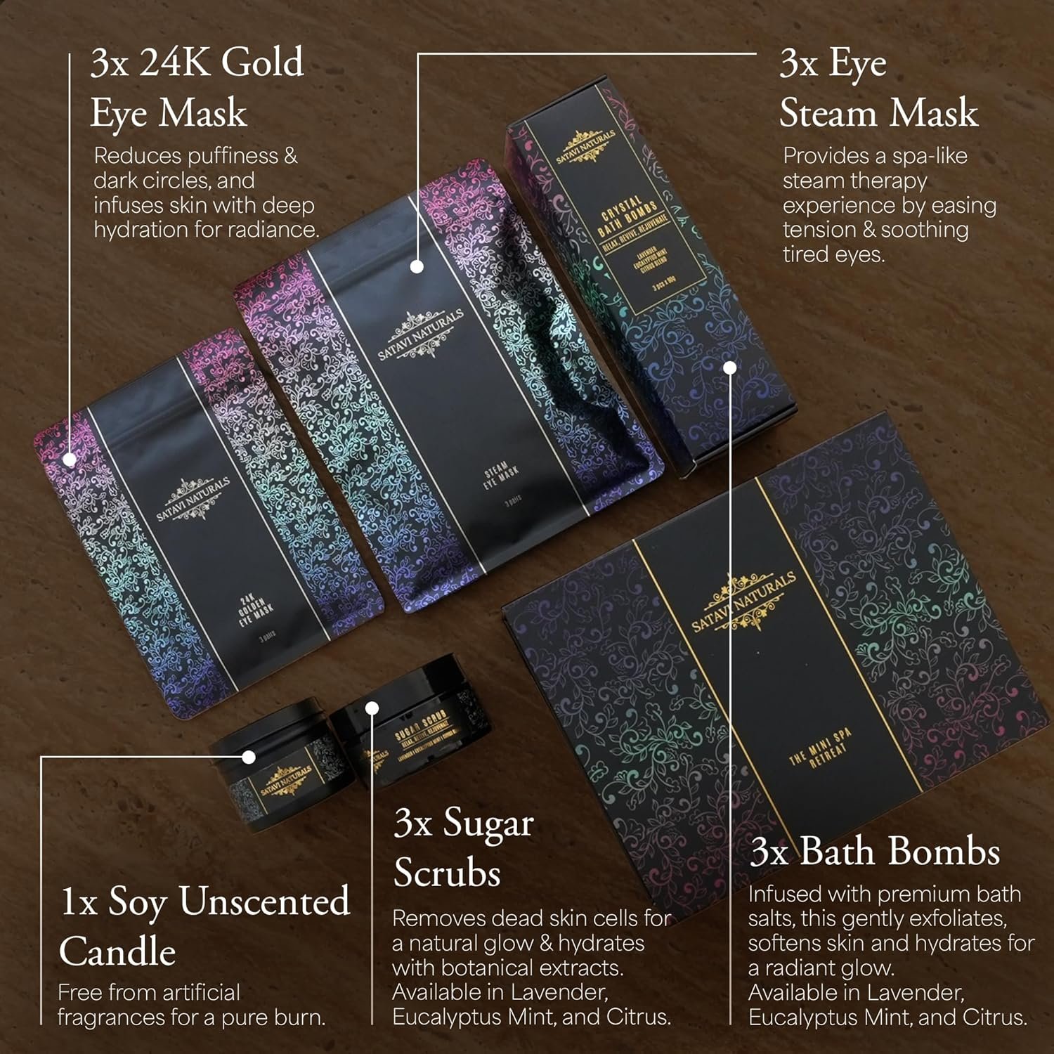Spa Gift Set for Women – The Mini Spa Retreat | Bath Bombs, Sugar Scrub, Candle, 24K Gold Eye Masks & Steam Eye Mask | Self Care & Relaxation Gift Box for Stress Relief at Home - Image 7