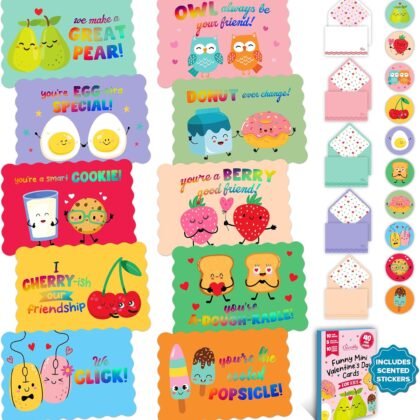 Decorably 40 Pack Holographic Postcard-Style 4.7x3in Valentines Cards for Kids with Envelopes and Scented Stickers, 12 Funny Designs for Loved Ones - Hearts' Day, Gifting, Mailing