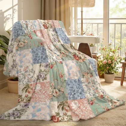 Boho Pastel Floral Throw Blanket Ultra Soft Fleece Patchwork Blanket for Couch and Bed Holiday Theme Cozy Throw Decoration Warm Gift for Spring Summer, 50 x 60 Inches