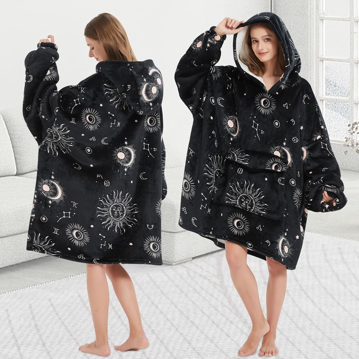 Wearable Blanket Hoodie for Adult,Oversized Sherpa Fleece Blanket Hoodie for Women Men,Sun and Moon - Image 5