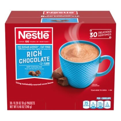 Nestle Hot Chocolate Packets, Hot Cocoa Mix, No Sugar Added and Fat Free, Bulk Pack, 0.28 oz Packet (Pack of 30)