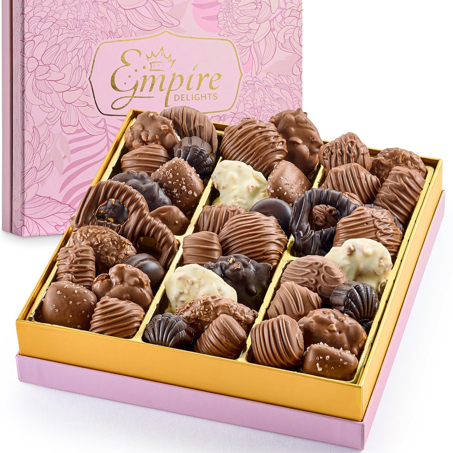 Chocolate Gift Box with Assorted Gourmet Chocolate - Pink Floral Gift Box - Food Gift Basket for Women - Birthday, Thank You, Present Idea for Her, Holiday Gift Baskets by Empire Delights