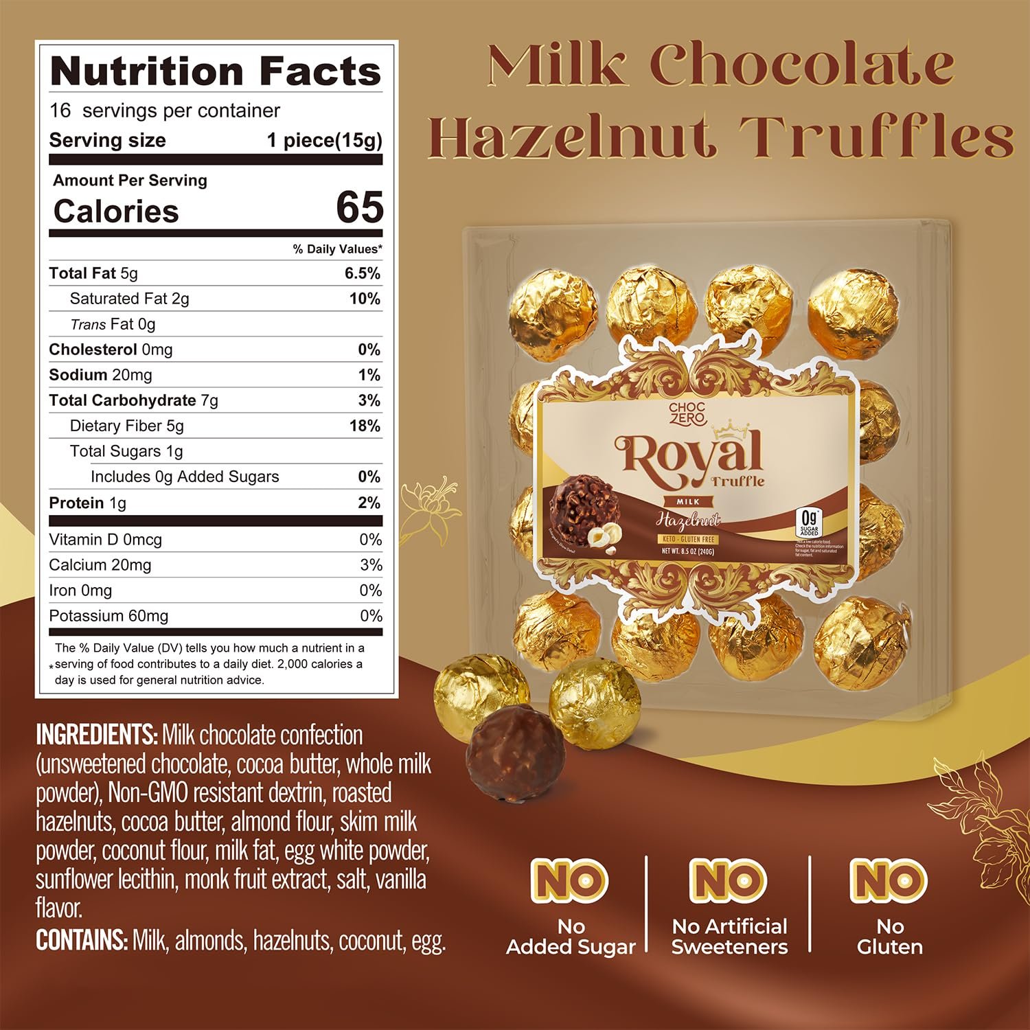 ChocZero Milk Chocolate Hazelnut Truffles, Zero Added Sugar, Gluten Free, Keto Holiday Gift, High Fiber, 16 Individually Wrapped Pieces, 8.5 Ounce (Pack of 1) - Image 2