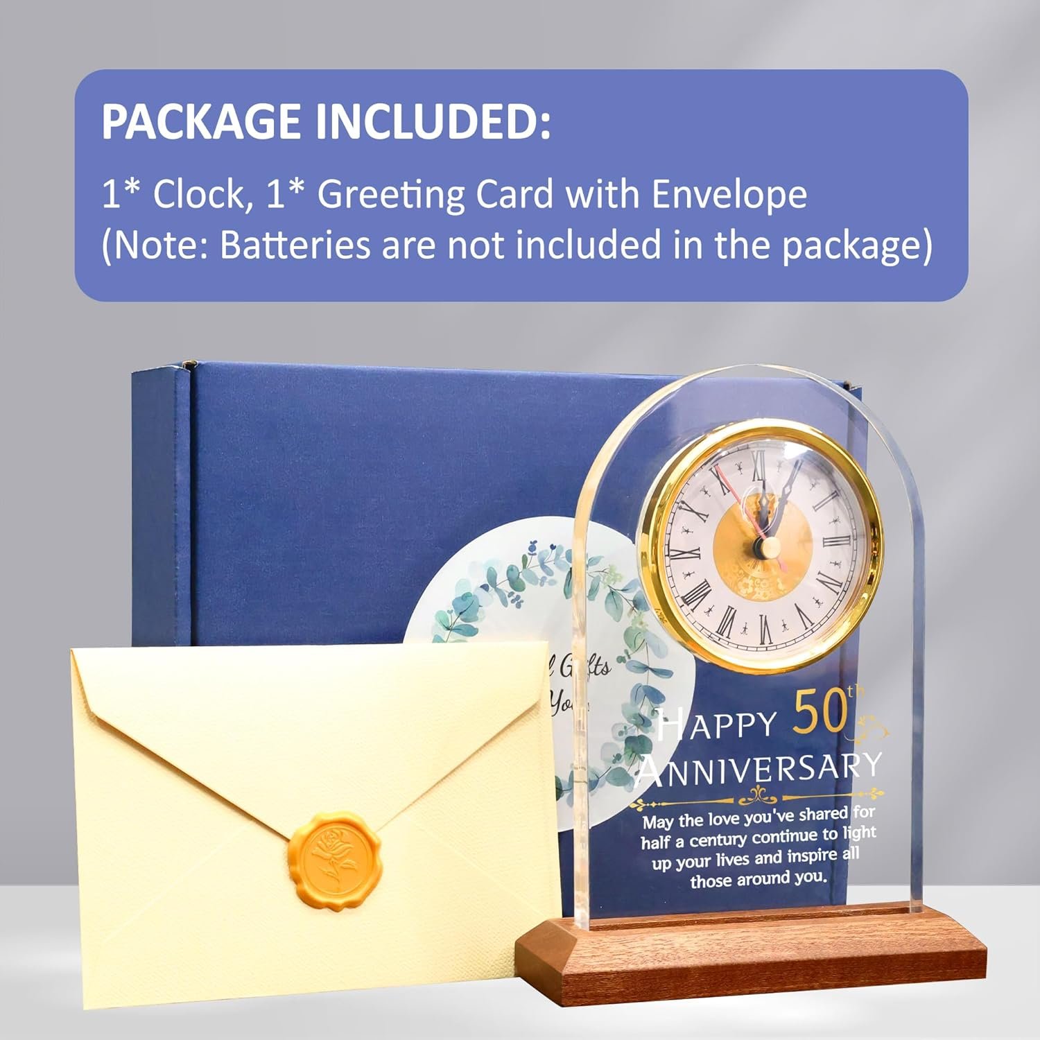 50th Anniversary Wedding Gift, Anniversary Quartz Clock, Desk Table Clock, 50 Years of Marriage, Golden Wedding for Couple, Parents, Grandparents (Wooden Base with LED Light) - Image 6