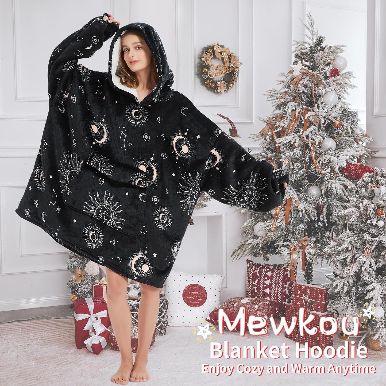 Wearable Blanket Hoodie for Adult,Oversized Sherpa Fleece Blanket Hoodie for Women Men,Sun and Moon - Image 6