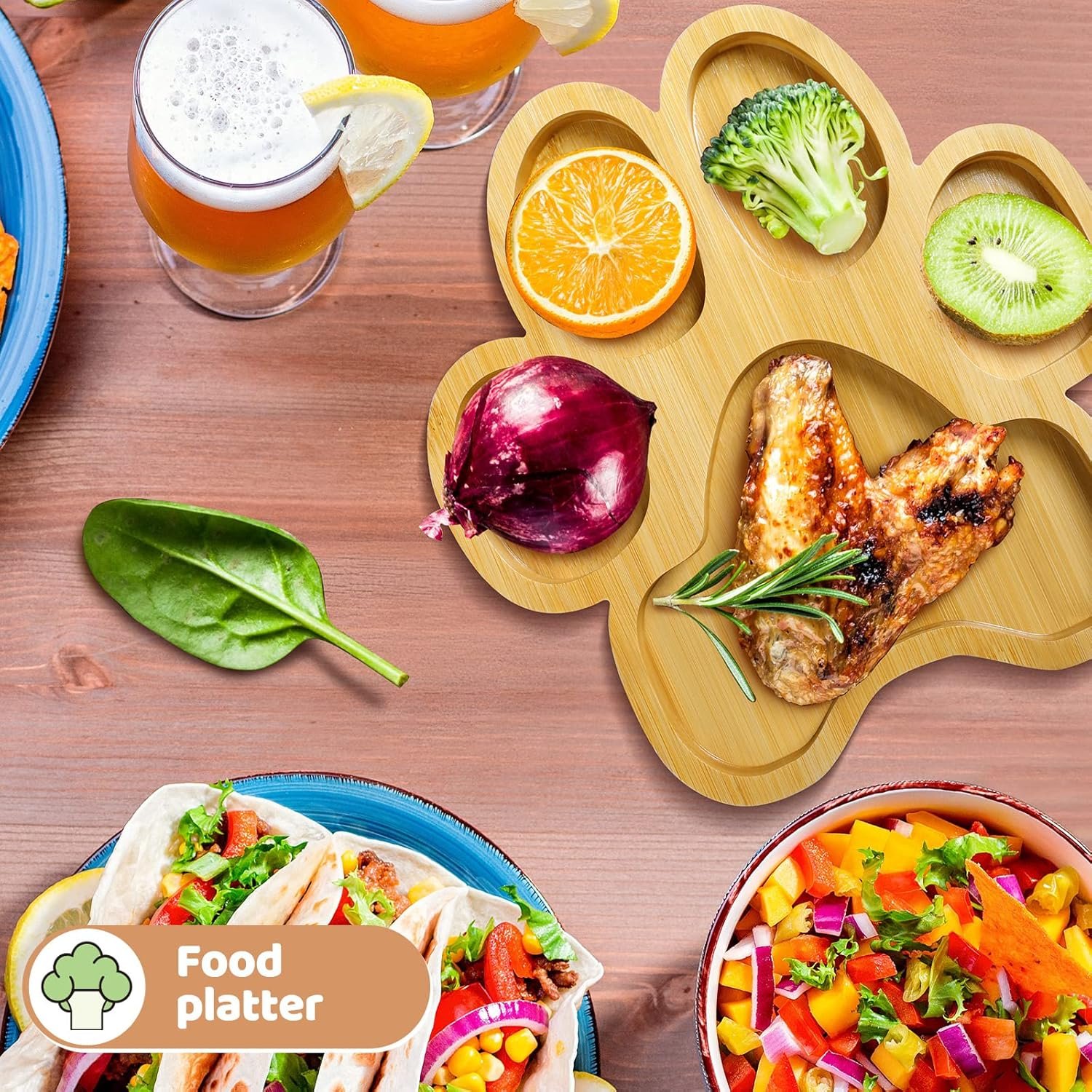 Teling 2 Pcs Paw Bamboo Serving Tray Wooden Snack Platters with 5 Grooves Bamboo Charcuterie Board Wood Candy Dish Bowl Gifts for Spring Holiday Birthday Party Supplies, 10-11 Inch - Image 5