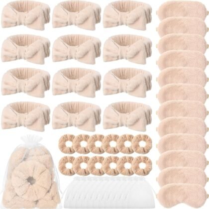 Mimorou 48 Pieces Spa Party Supplies 12 Spa Headband 12 Plush Sleep Eye Mask 12 Velvet Scrunchies 12 Organza Bags for Sleepover Slumber Party Favors Graduation Gift(Beige)
