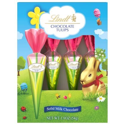 Lindt Chocolate Tulips, Tulip-Shaped Solid Milk Chocolate Easter Candy on a Stick, 4 Pack
