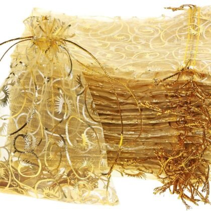 Shapenty 50PCS Organza Gift Bags Wedding Favor Candy Business Samples Display Jewelry Pouch Wrap with Drawstring for Baby Shower and Birthday Party (Gold)