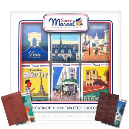 Sacré Marcel – Paris Gift Box with 6 Mini Chocolate Bars, Assorted French Chocolates Individually Wrapped, Dark Chocolate Almond, Milk Chocolate Hazelnut, 3.5oz