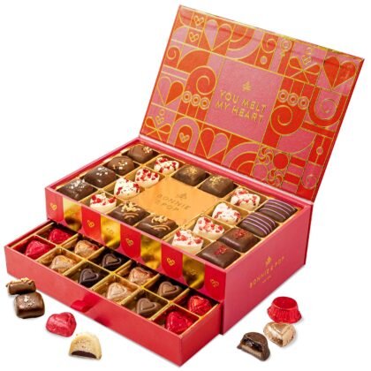 Valentines Chocolate Gift Basket, Candy Food Gifts, Gourmet Snack Box, Holiday Present Idea, Him & Her, Men, Women, Two-Tier Box with Assorted Belgian Truffles, 10+ Flavors, Bonnie and Pop (Pink)