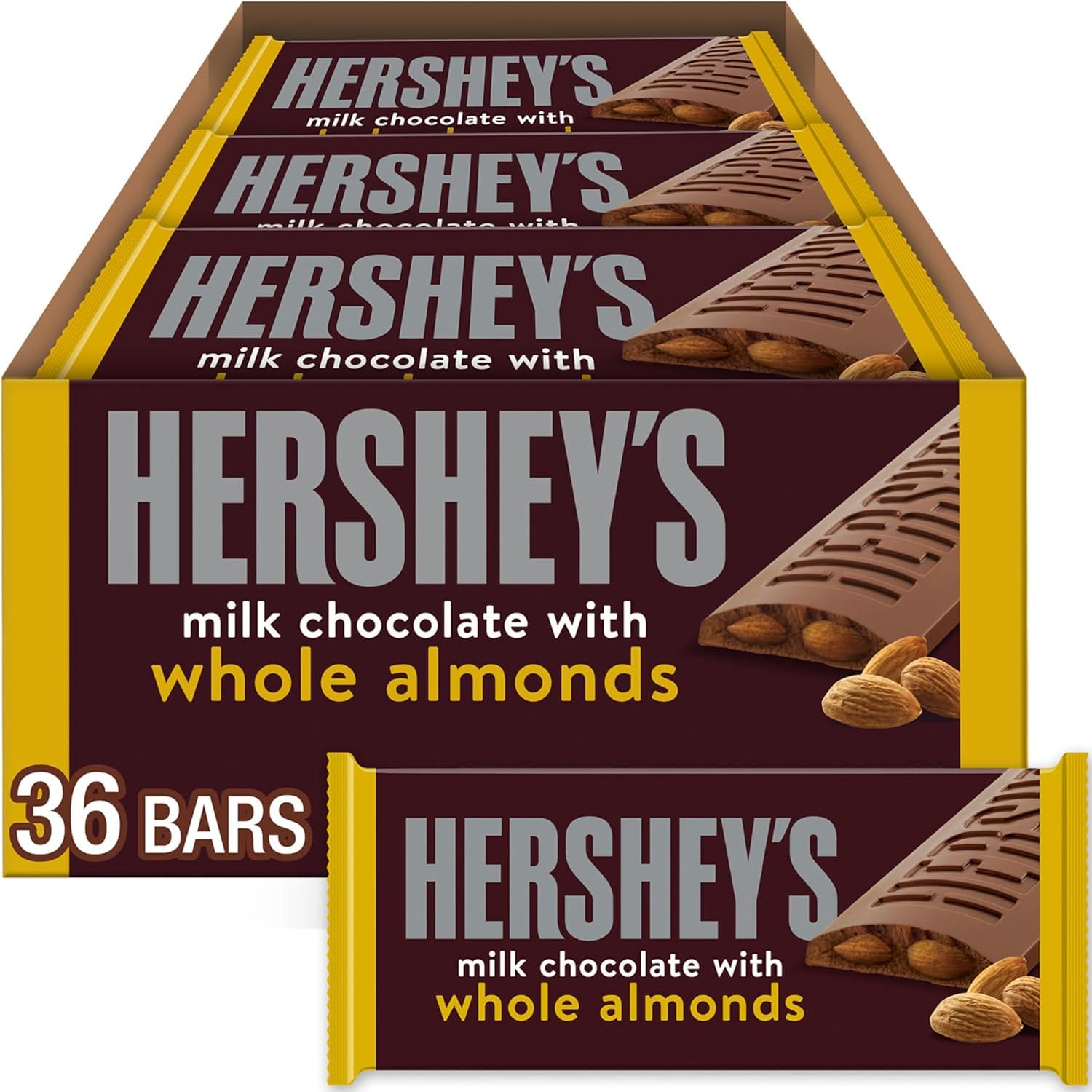 HERSHEY'S Milk Chocolate with Whole Almonds Candy Bars, 1.45 oz (36 Count)