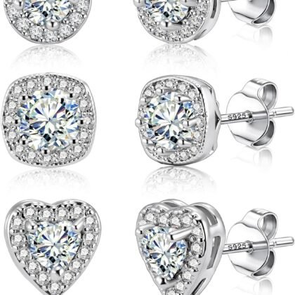 ALEXCRAFT Sterling Silver Stud Earrings for Women Cubic Zirconia Halo Round Heart Square Diamond Large Silver Stud Set