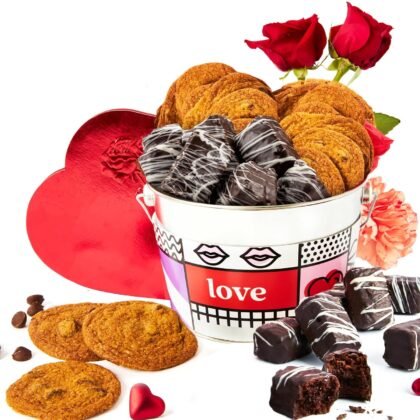 David’s Cookies Love Assorted Cookies Bucket 1.3Lbs – Delicious Thin Crispy Cookies & Chocolate Dipped Soft Brownies Treats – Love-Themed Gourmet Cookies Gift Bucket For Everyone