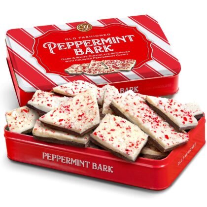 A Gift Inside CY Chocolates Handmade Dark and White Layered Peppermint Bark Tin for Christmas, Holiday Gift