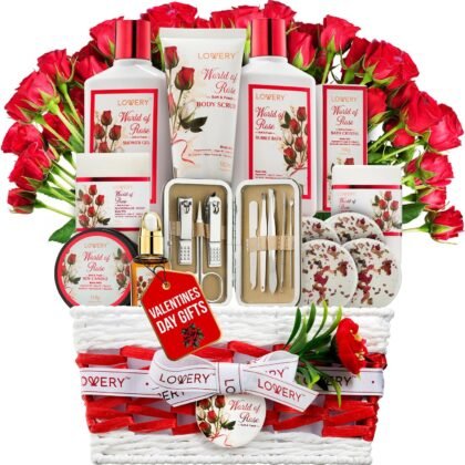 Valentines Day Gifts for Her, Red Rose Spa Gifts for Women, Bath and Body Gift Set, 35 Piece Stress Relief Spa Kit Gift Basket, Birthday, Mom, Nail Care Kit - Body Scrub, Bubble Bath, Bath Bomb & More