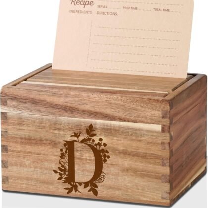 InnoBeta Personalized Gifts Recipe Box, Personalized Initial Recipe Card Holder Box with 50 4 x 6 inch Recipe Cards, 10 Dividers, Initial Recipe Organize - D