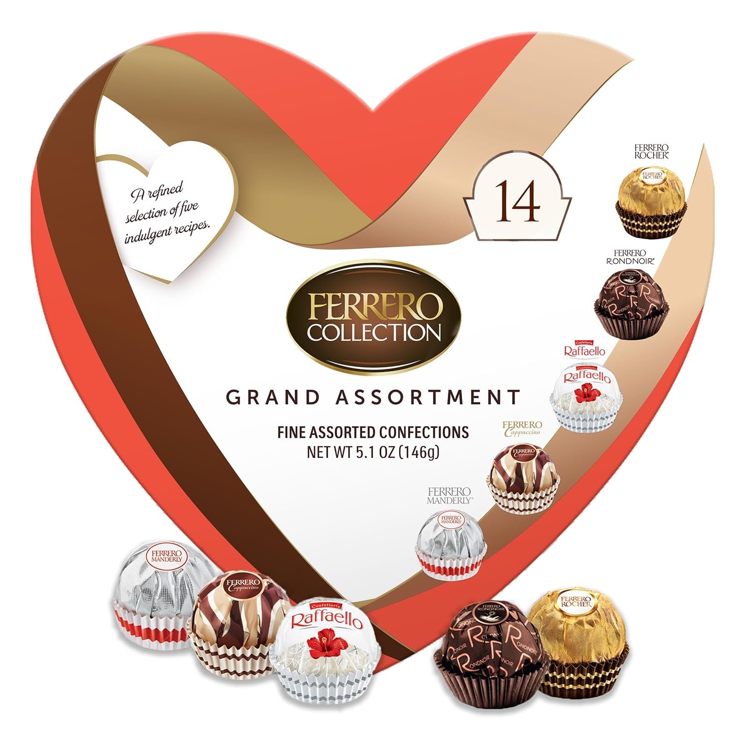 Ferrero Collection Valentine's Heart Gift Box, 14 Assorted Dark, Coconut, Almond, Cappuccino Gift Box, 5.1 oz
