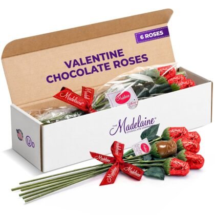 Madelaine Milk Chocolate Red Roses - Valentine’s Day Chocolate Roses Gift for Her & Him - Individually Wrapped Valentine Candy and Decorations - 6 Count
