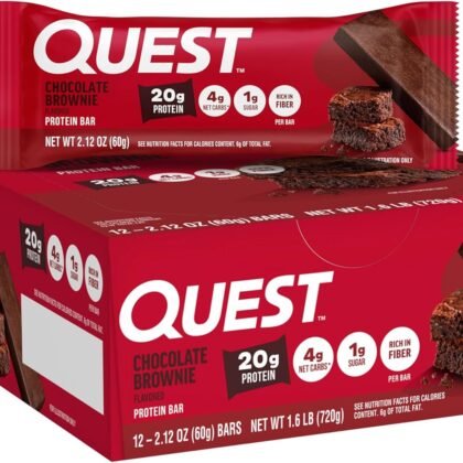Quest Nutrition Chocolate Brownie Protein Bar, 20g Protein, 1g Sugar, 4g Net Carb, High Fiber, Gluten Free, 12 Count