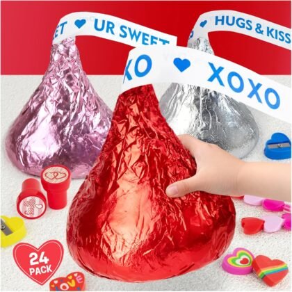 Valentines Day Gifts for Kids - 24 Pack Giant Chocolate-Shaped Stationery Set with Pencils Stickers Gift Tags Erasers Stamper Sharperner - Valentine Party Favors Classroom School Exchange Boys Girls