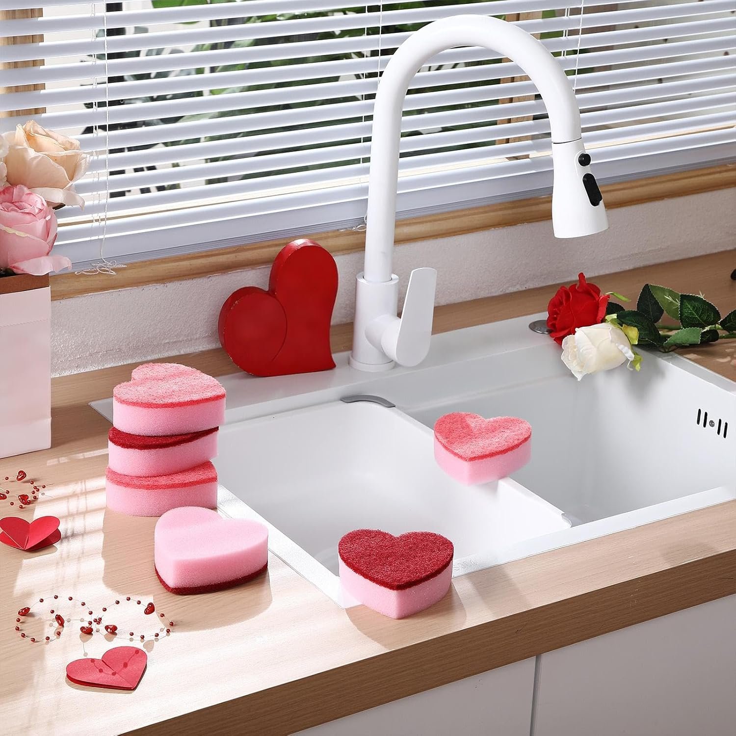Breling 6 Pcs Heart Shaped Scrub Sponges Valentine Gifts Dual-Sided Kitchen Sponge Heart Kitchen Scrubber for Washing Dishes Pots Pans Household Bathroom Cleaning(Red Pink) - Image 6