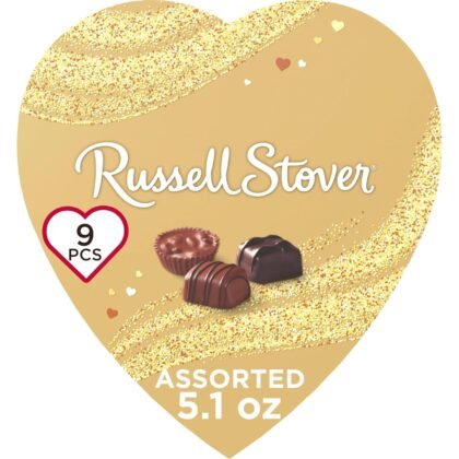 RUSSELL STOVER Valentine's Day Gold Foil Heart Assorted Milk & Dark Chocolate Candy Gift Box, 5.1 oz.