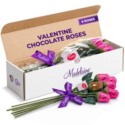 Pink Chocolate Roses - Valentines Day Gift for Mom, Wife, Girlfriend - Individually Wrapped Gourmet Chocolate Flowers - Elegant Valentines Candy Bouquet for Women & Special Occasions - 6 Pack