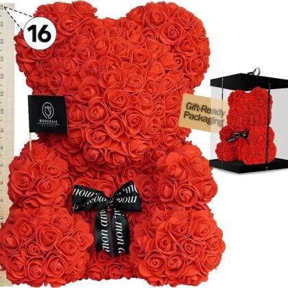 Large 16-Inch Rose Bear Gift Set with Gift Box | Handmade Artificial Flower Teddy Bear | Luxury Rose Teddy Bear for Valentine’s Day, Anniversary, Birthday