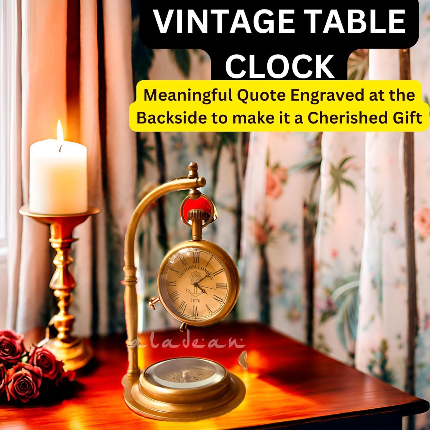 ALADEAN Brass Table Clock with Compass | Romantic Desk Clock - Decorative Vintage Mechanical Clock Lovers Boyfriend/Husband Birthday/Wedding Gifts (Love You) - Image 5