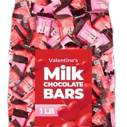 Valentine’s Day Milk Chocolate Bars, 1 LB Bag, Red and Pink Wrapped Milk Chocolates, Romantic Candy for Gifts, Party Favors, and Decorations