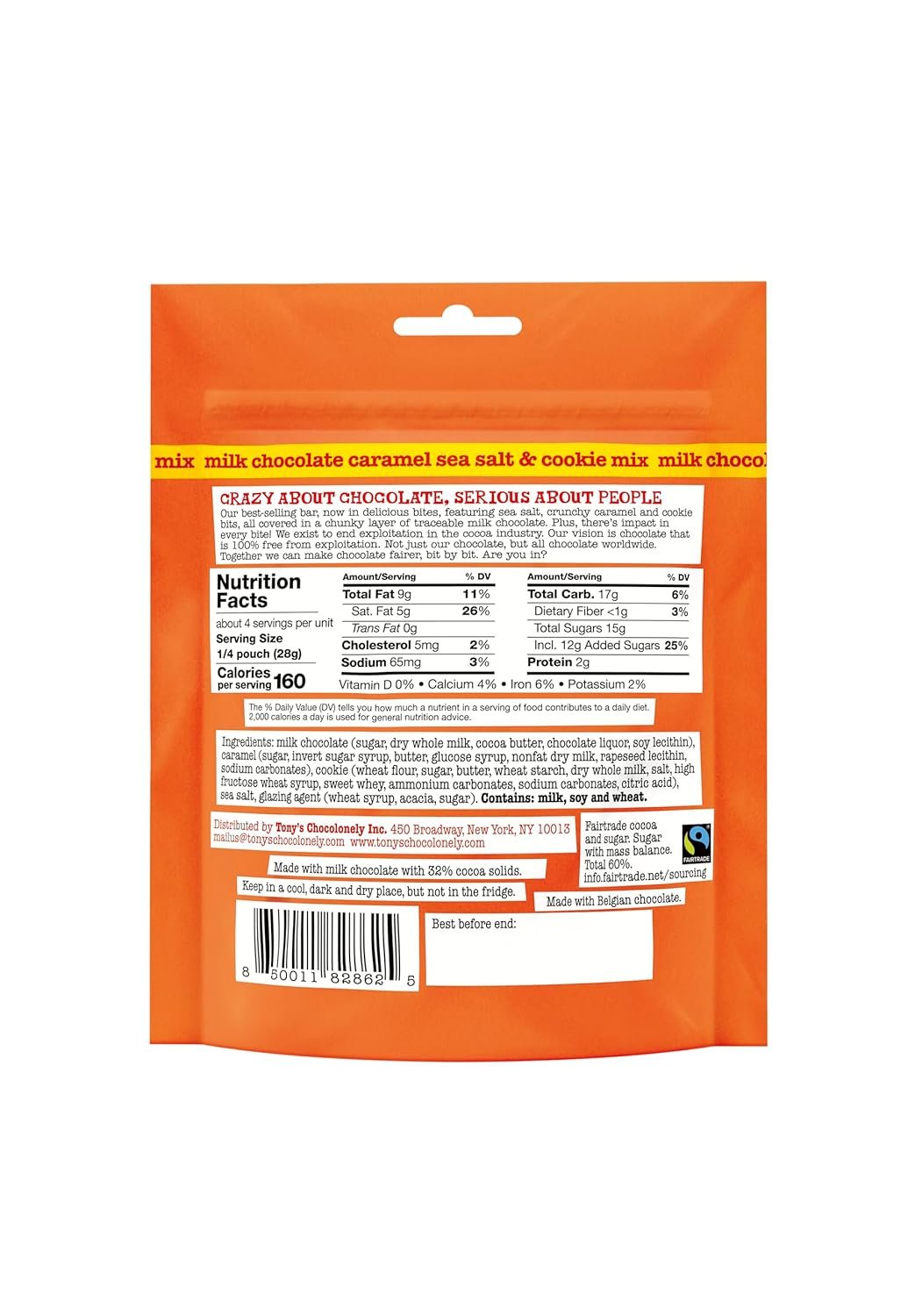 Tony’s Chocolonely Belgian Milk Chocolate Caramel Sea Salt & Cookie Mix Lil’ Bits Candy Pieces for Snacks, Gifts, or Gift Basket, Made From Quality Fairtrade Cocoa, 1 Pouch, 4 Oz - Image 2