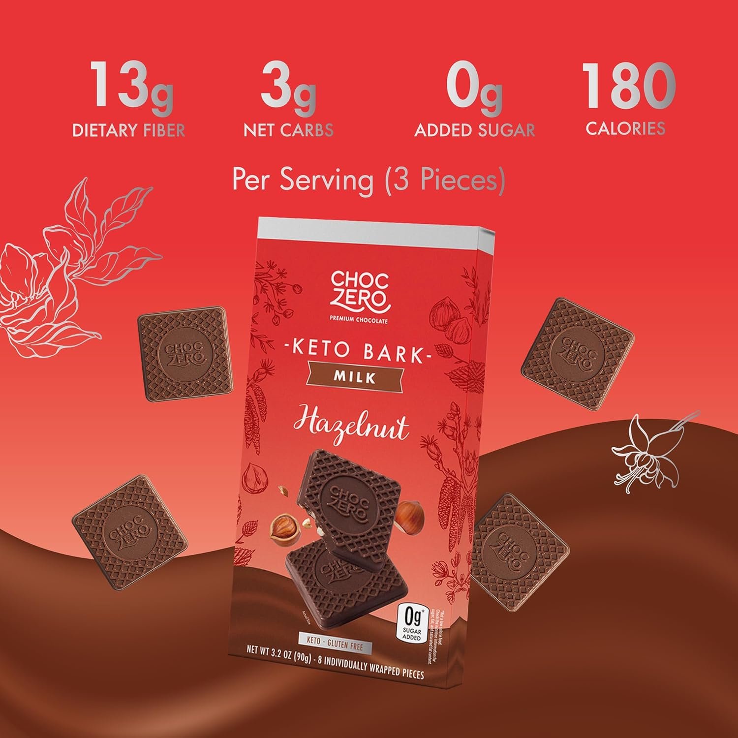 ChocZero Milk Chocolate Hazelnut Bark, No Added Sugar, Low Carb, High Fiber, Keto Friendly, No Sugar Alcohols (4 Count, 3.2oz Boxes) - Image 3