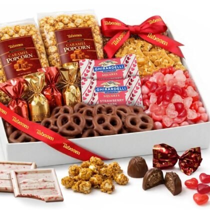 Valentine’s Day Chocolate Gift Basket - Assortment Tray Sweet & Savery Gourmet Snack Food Gift Box With Caramel Popcorn, Chocolate Pretzels, Chocolate Bark & Truffles