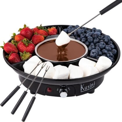 Kusini Electric Fondue Pot Set - Chocolate Fondue Kit - Temperature Control, Detachable Serving Trays, & 4 Roasting Forks - Gift Set & Date Night Idea. Serve at Movie Night or Game Night.