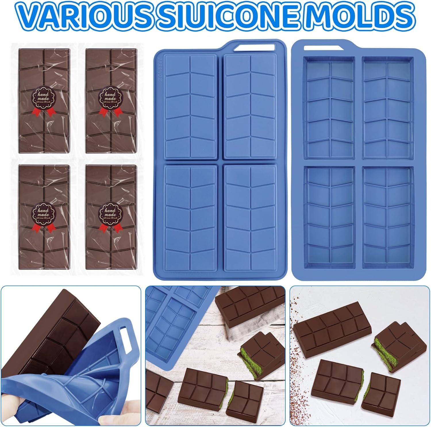 Chocolate Bar Molds Silicone Non Stick 0.82inch Deep,2 Pack Thick Dubai Shapes Chocolate Stuffed Bar Mold Kit for Filling Knafeh Candy with 100pcs Bags and 104pcs Stickers - Image 7