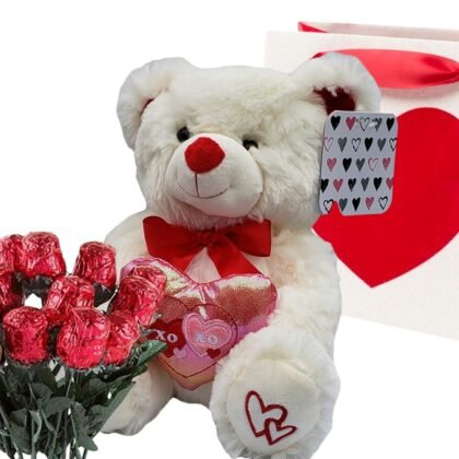 Valentines Day Gift Basket | 10 Inches Teddy Bear Plush (Color May Vary), Valentine Theme Gift Bag & A dozen Belgian Milk Chocolate Roses Bouquet 2.11 ounce | For Her Wife Girlfriend Mother Daughter