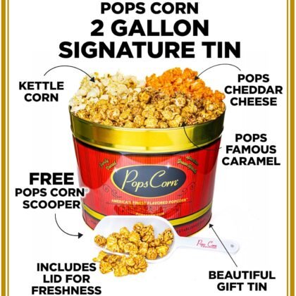 Pops Corn® Gourmet Popcorn Gift Tin-Large 2 Gallon. 3 Amazing Flavors. Caramel, Cheese & Kettle Corn. Perfect for Mom,Dad, Coworkers, Secretary, Nurse, Valentine's day or Employee Appreciation Presents.
