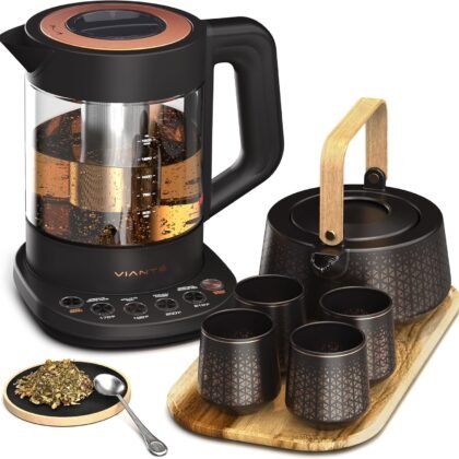 Vianté Luxury Tea Set. Electric Kettle with Infuser for Loose Leaf And Ceramic Serving Set. Teapot and Cup Set with Wooden Tray. Excellent Gift Idea For Tea Lovers.